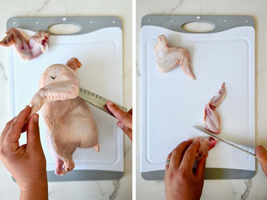 Removing the wing from a whole chicken plus showing how it can be broken down into flats and drumettes with a sharp chef's knife.
