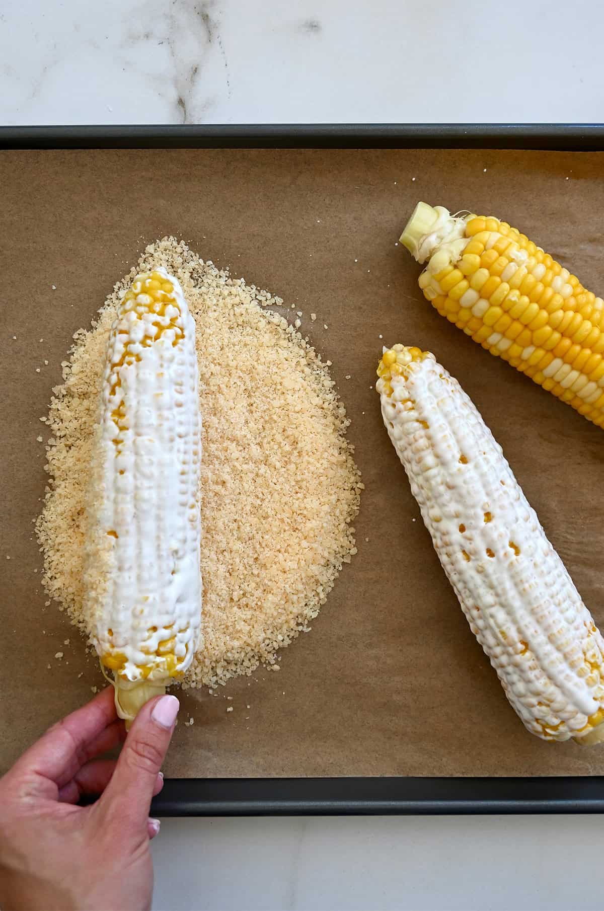 Hand rolling a freshly cooked ear of corn, coated in creamy elote sauce, through crumbled Cotija cheese for Mexican street corn.
