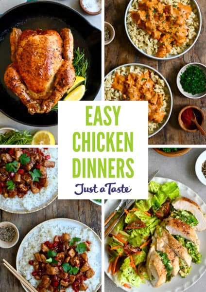 Chicken dinner recipes, including roasted chicken, paprika chicken, broccoli-cheddar stuffed chicken breasts and black pepper chicken.