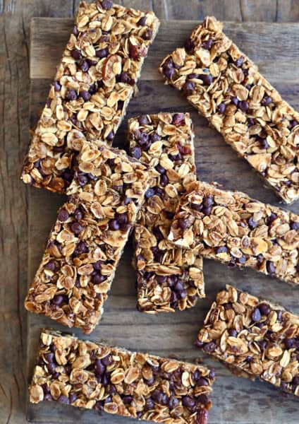 Chewy homemade granola bars with chocolate chips.