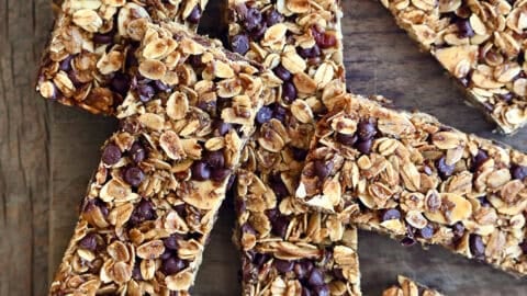 Chewy homemade granola bars with chocolate chips.