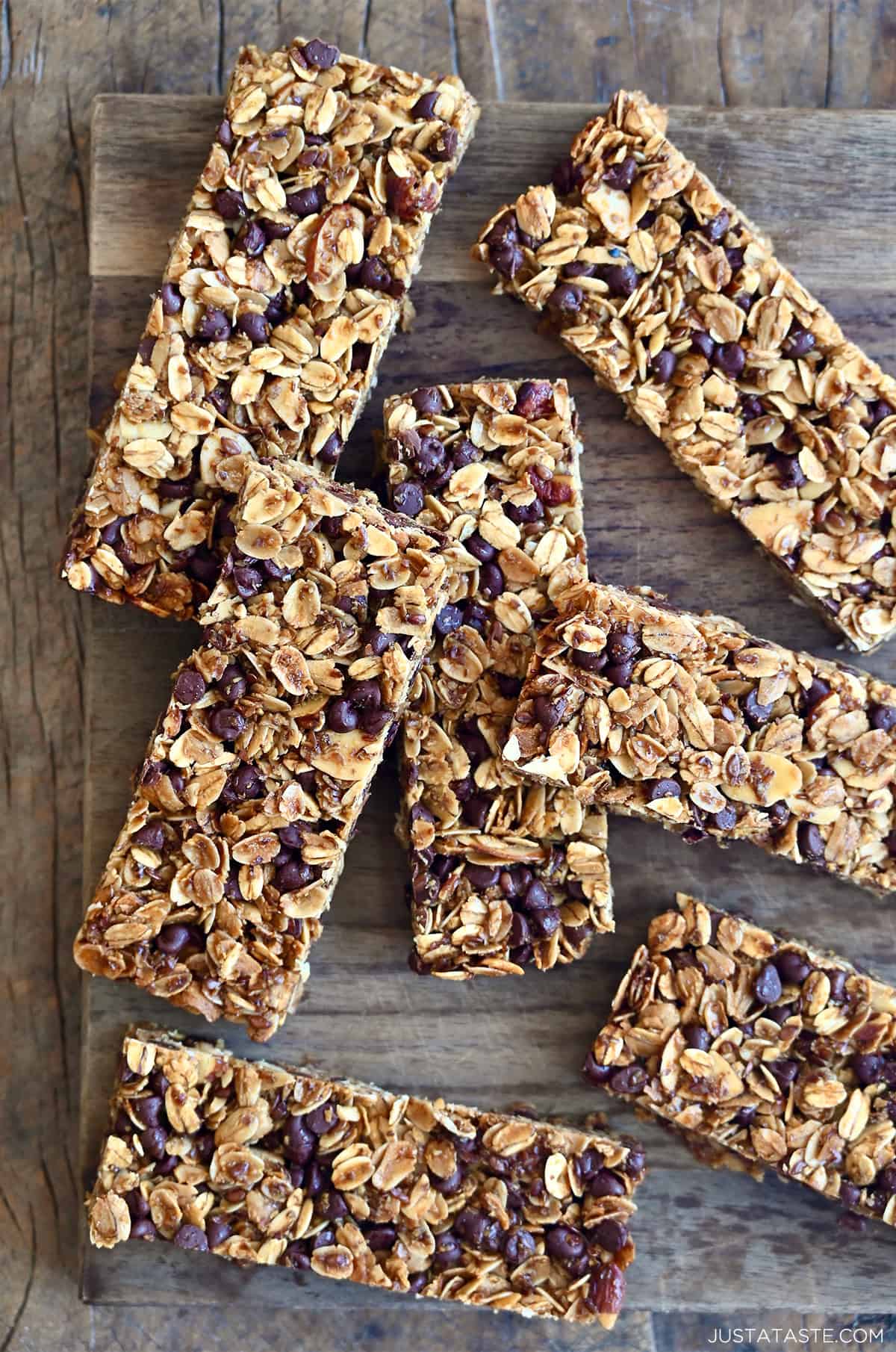 Chewy homemade granola bars with chocolate chips.