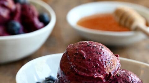 Three scoops of blueberry frozen yogurt in a white bowl with fresh blueberries