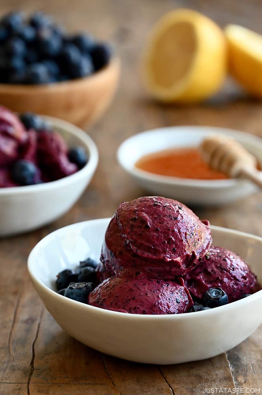 Three scoops of blueberry frozen yogurt in a white bowl with fresh blueberries