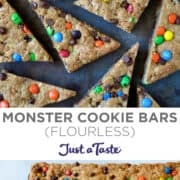 Top image: A top-down view of Monster Cookie Bars cut into triangles. Bottom image: Monster Cookie Bars studded with M&Ms and chocolate chips cooling on a wire rack.