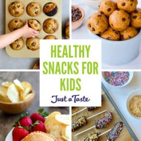 A collage of healthy snacks for kids, including Greek yogurt muffins, protein balls, frozen chocolate bananas, and air fryer peanut butter and jelly.
