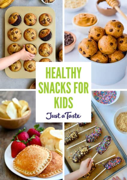 A collage of healthy snacks for kids, including Greek yogurt muffins, protein balls, frozen chocolate bananas, and air fryer peanut butter and jelly.