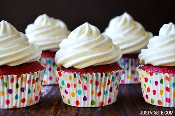 Red Velvet Cupcakes with Piped Cream Cheese Frosting Recipe