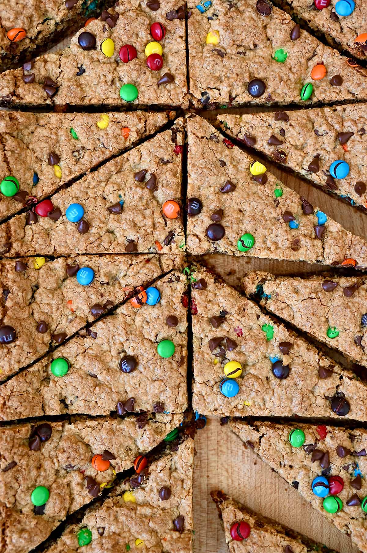 Peanut butter oatmeal bars with M&Ms and chocolate chips.