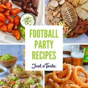 A collage of recipes, including crispy chicken wings, a cheese ball in the shape of a football, onion rings and taco salad cups.