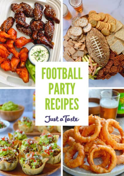 A collage of recipes, including crispy chicken wings, a cheese ball in the shape of a football, onion rings and taco salad cups.