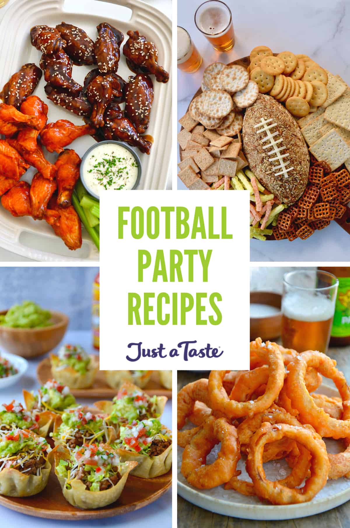 A collage of recipes, including crispy chicken wings, a cheese ball in the shape of a football, onion rings and taco salad cups.