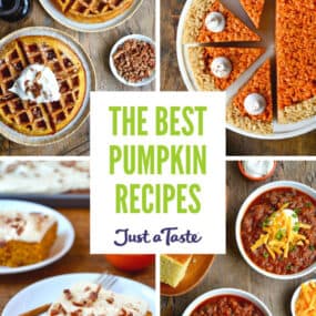 A collage of pumpkin recipes, including pumpkin waffles, pumpkin spice Rice Krispies treats, pumpkin turkey chili and pumpkin bars with cream cheese frosting.