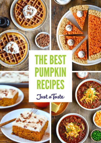 A collage of pumpkin recipes, including pumpkin waffles, pumpkin spice Rice Krispies treats, pumpkin turkey chili and pumpkin bars with cream cheese frosting.