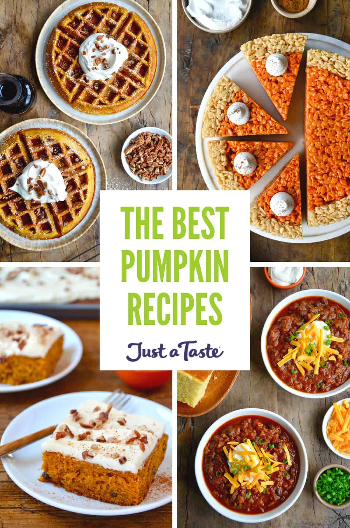 A collage of pumpkin recipes, including pumpkin waffles, pumpkin spice Rice Krispies treats, pumpkin turkey chili and pumpkin bars with cream cheese frosting.