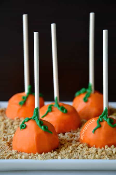 Pumpkin Cheesecake Pops Recipe from justataste.com