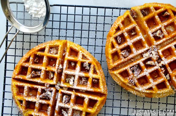 Pumpkin Spice Waffles Recipe from justataste.com