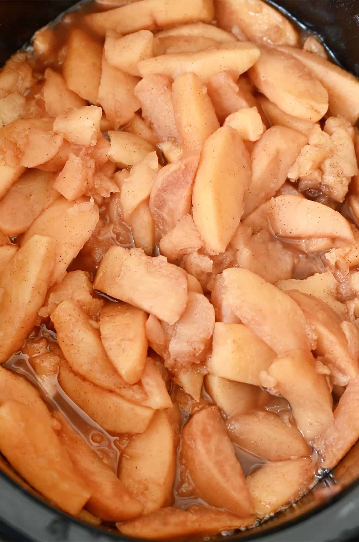 Slow cooked apples with cinnamon and lemon juice in a slow cooker.