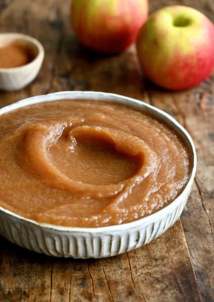 Homemade cinnamon apple sauce in a small bowl.