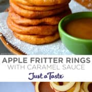 Top image: A tall stack of Apple Fritter Rings next to a small green bowl filled with caramel sauce. Bottom image: Apple rings being dipped in batter.