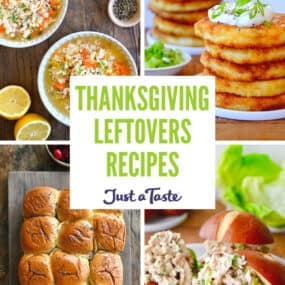 A collage of recipe images, including turkey soup, leftover mashed potato pancakes, turkey sliders and turkey salad on a bun.