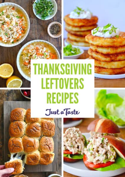 A collage of recipe images, including turkey soup, leftover mashed potato pancakes, turkey sliders and turkey salad on a bun.
