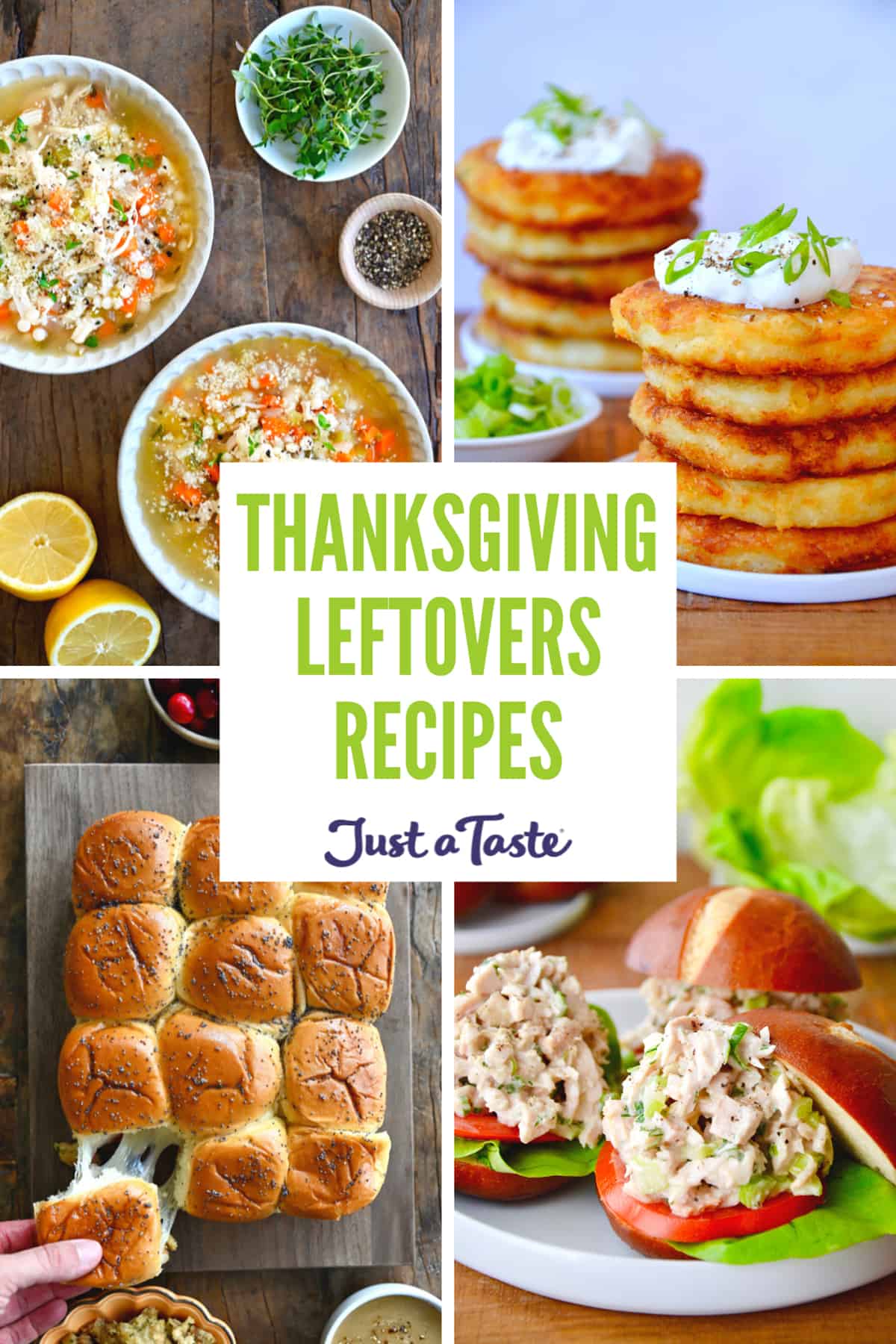 A collage of recipe images, including turkey soup, leftover mashed potato pancakes, turkey sliders and turkey salad on a bun.