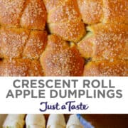 Top image: Crescent Roll Apple Dumplings topped with sanding sugar. Bottom image: Caramel sauce being poured over unbaked apple dumplings.