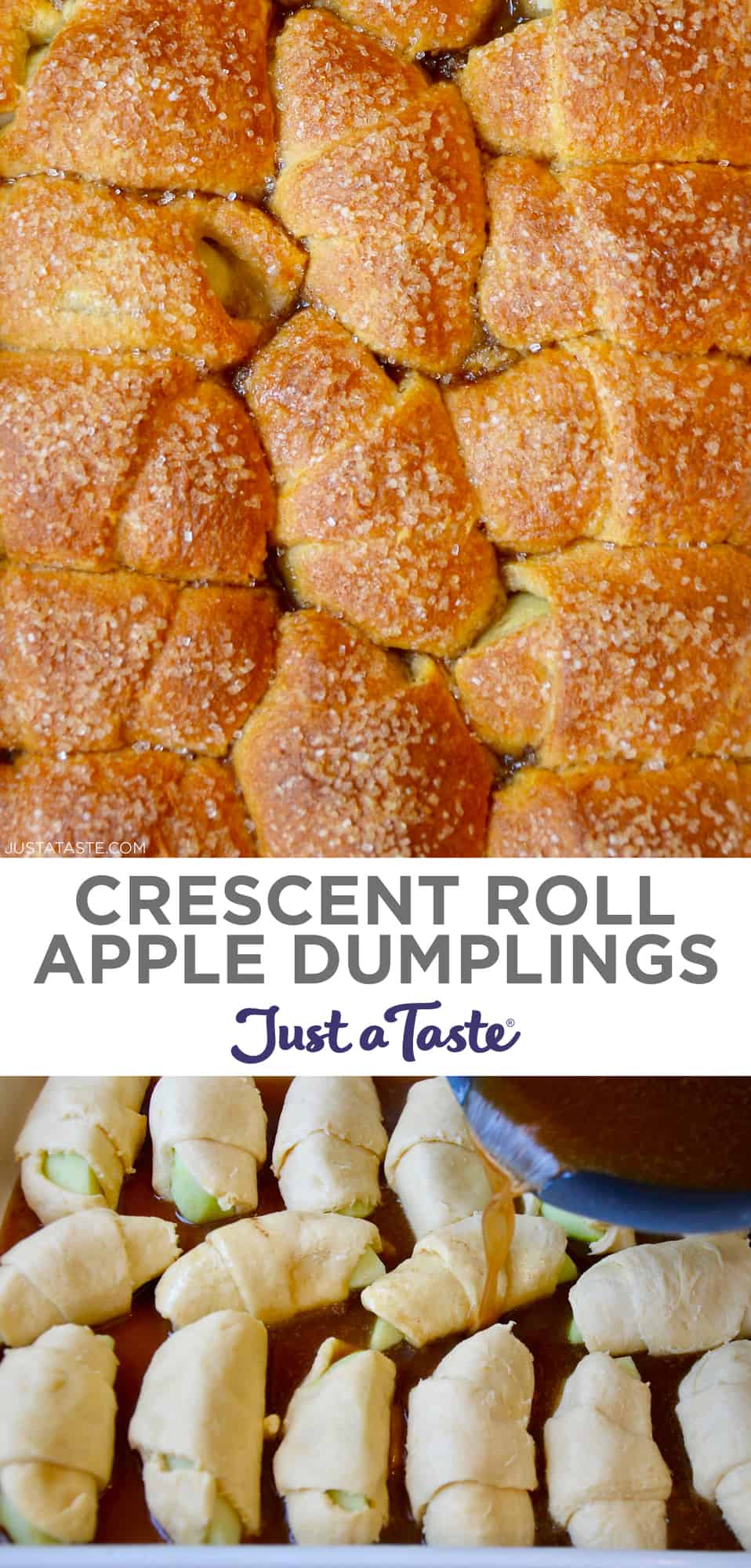 Top image: Crescent Roll Apple Dumplings topped with sanding sugar. Bottom image: Caramel sauce being poured over unbaked apple dumplings.