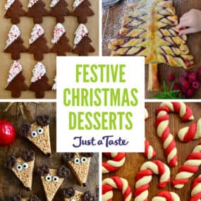 Chocolate sugar cookies, puff pastry Christmas tree, candy cane sugar cookies and reindeer Rice Krispies treats.