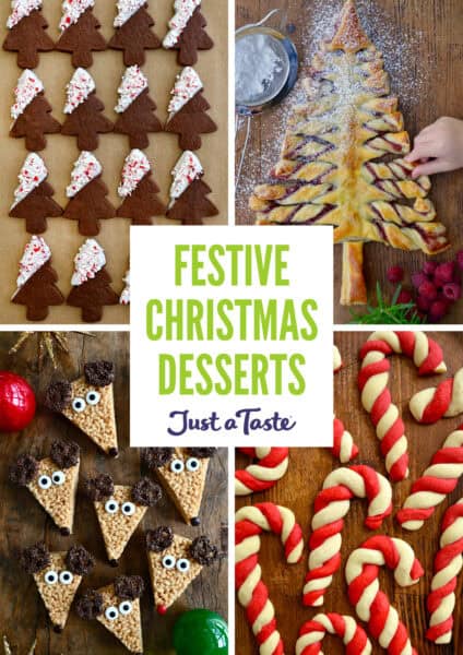 Chocolate sugar cookies, puff pastry Christmas tree, candy cane sugar cookies and reindeer Rice Krispies treats.