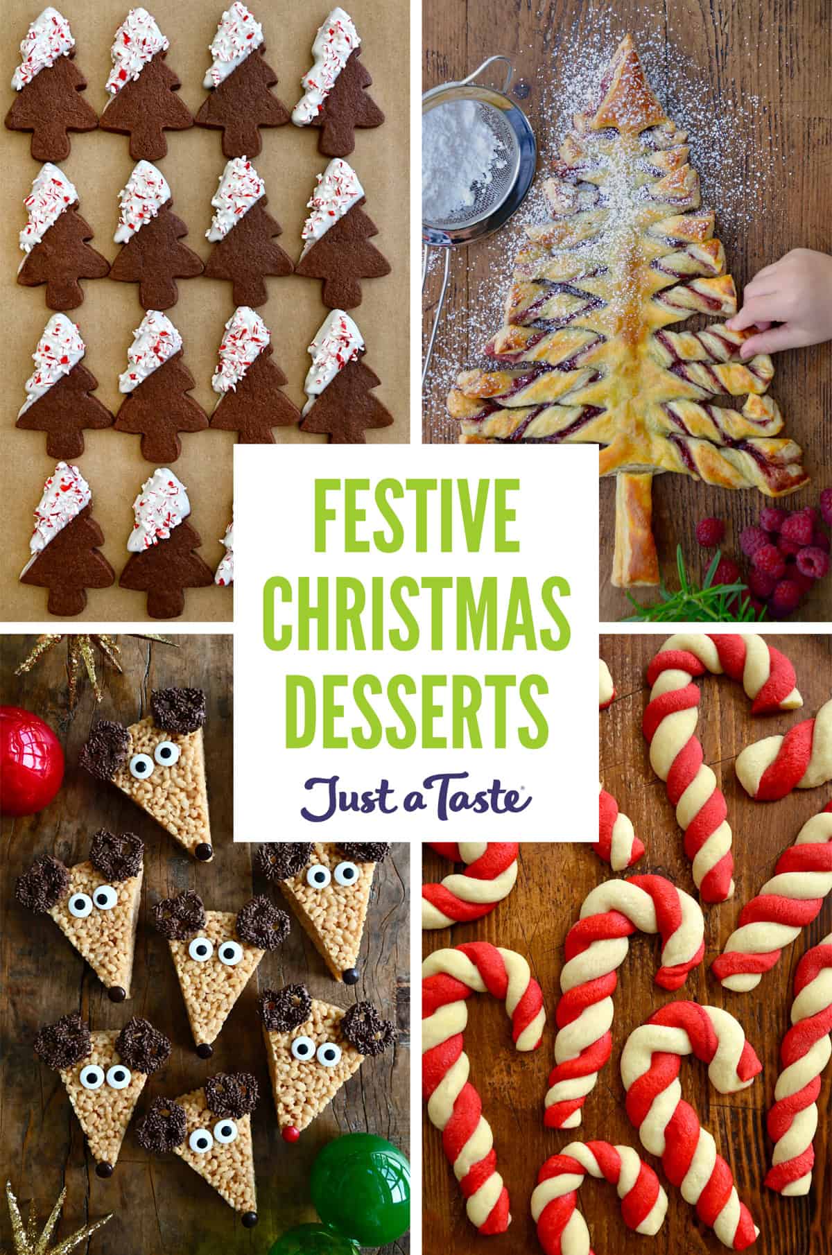 Chocolate sugar cookies, puff pastry Christmas tree, candy cane sugar cookies and reindeer Rice Krispies treats.