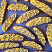 A top-down view of Pumpkin Pie Biscotti drizzled with chocolate.