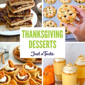 A collage of recipe images, including pecan pie bars, muffin tin mini apple pies, no-bake pumpkin cheesecake parfaits and individual pecan pies.