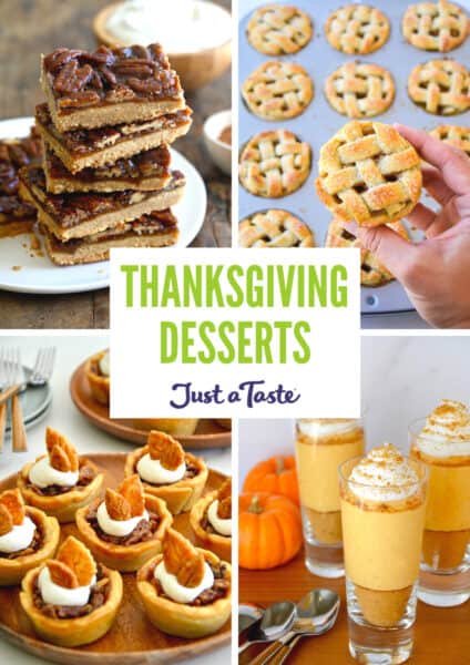 A collage of recipe images, including pecan pie bars, muffin tin mini apple pies, no-bake pumpkin cheesecake parfaits and individual pecan pies.