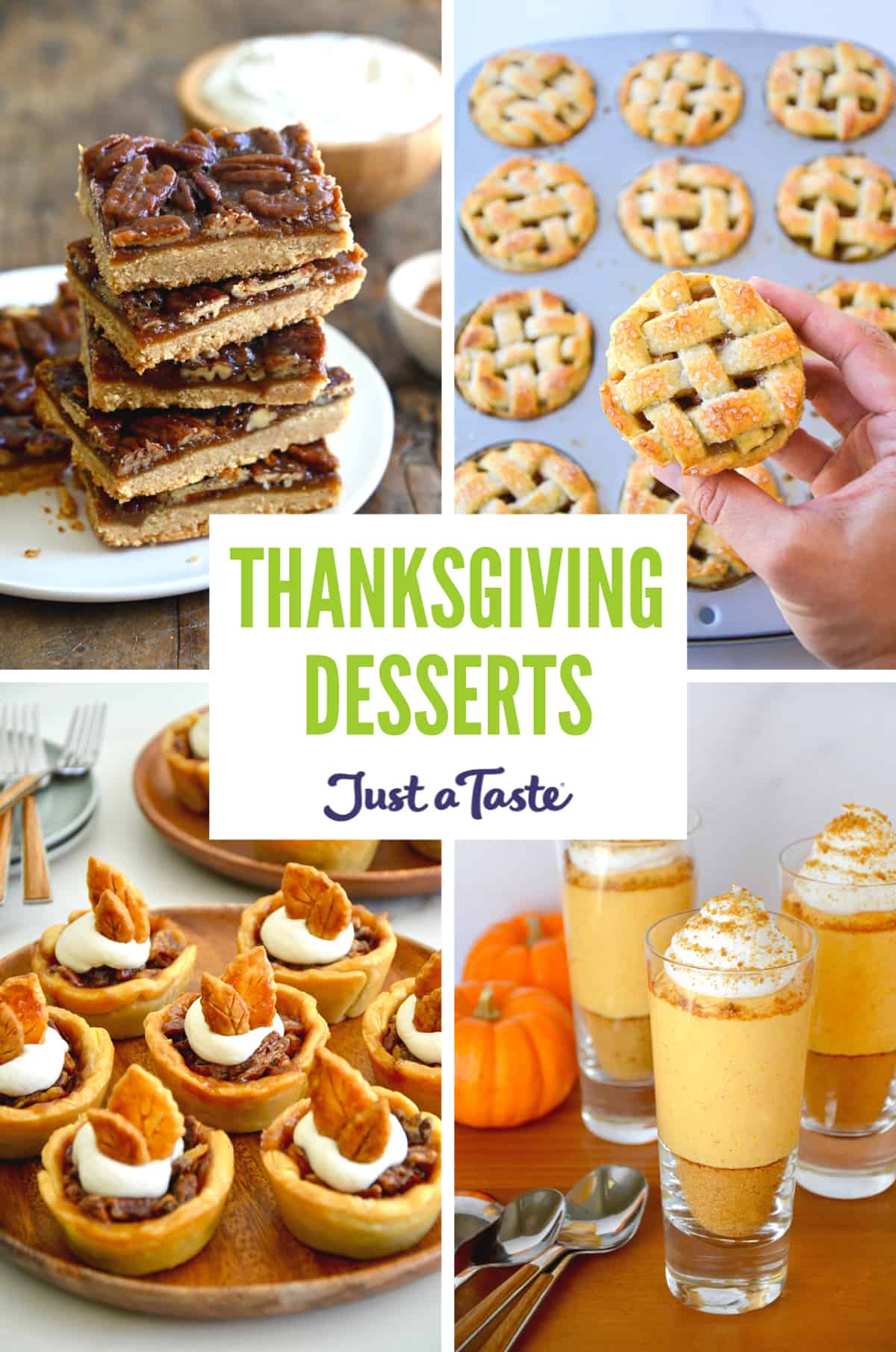 A collage of recipe images, including pecan pie bars, muffin tin mini apple pies, no-bake pumpkin cheesecake parfaits and individual pecan pies.