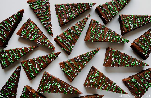 A view of Christmas Brownies drizzled with chocolate