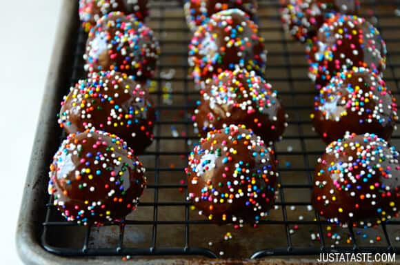 Homemade Glazed Chocolate Doughnut Holes Recipe from justataste.com