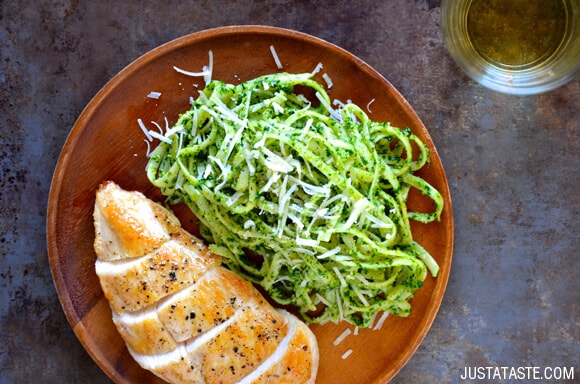 Pumpkin Seed Pesto with Chicken recipe from justataste.com