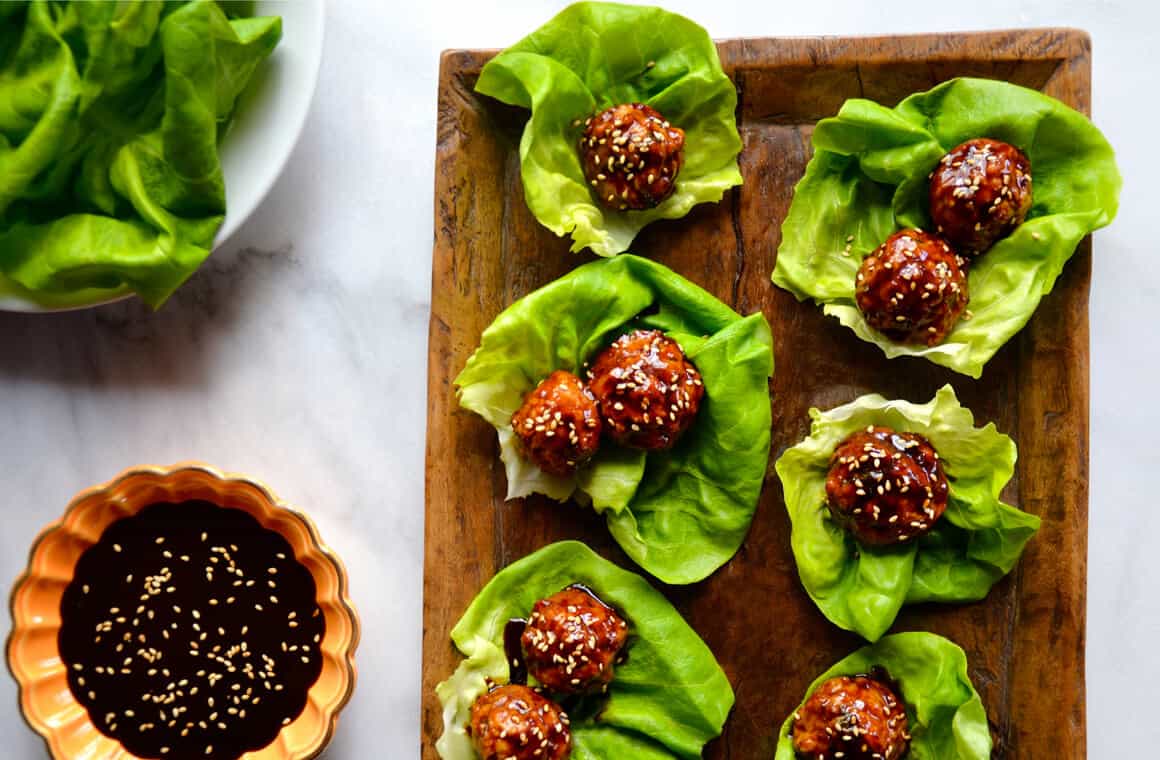 Baked Asian Chicken Meatball Lettuce Wraps  Just a Taste