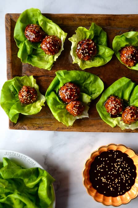 Baked Asian Chicken Meatball Lettuce Wraps Recipe on justataste.com