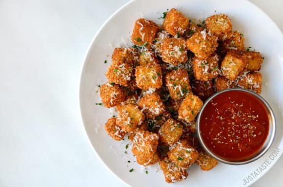 Eggplant Parmesan Bites with Marinara Dipping Sauce recipe on justataste.com