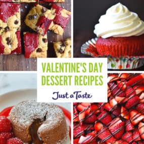 A collage of recipes, including red velvet brookies, a red velvet cupcake with cream cheese frosting, strawberries drizzled with melted chocolate and a chocolate lava cake on a plate with fresh raspberries.