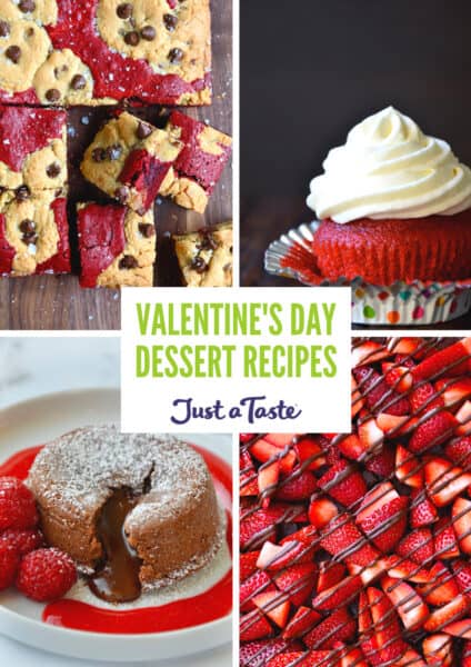 A collage of recipes, including red velvet brookies, a red velvet cupcake with cream cheese frosting, strawberries drizzled with melted chocolate and a chocolate lava cake on a plate with fresh raspberries.