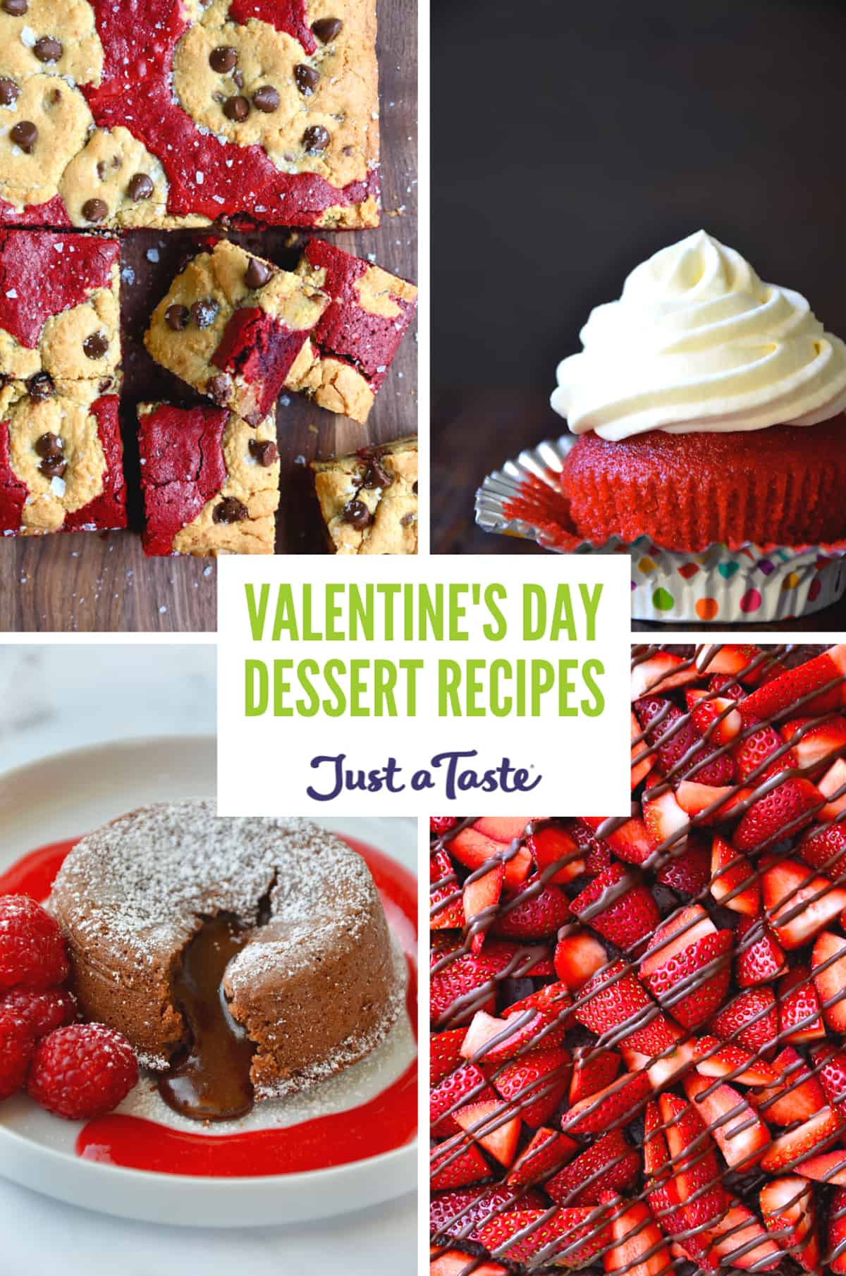 A collage of recipes, including red velvet brookies, a red velvet cupcake with cream cheese frosting, strawberries drizzled with melted chocolate and a chocolate lava cake on a plate with fresh raspberries.