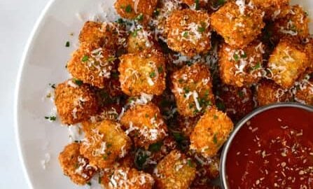 Eggplant Parmesan Bites with Marinara Dipping Sauce recipe on justataste.com