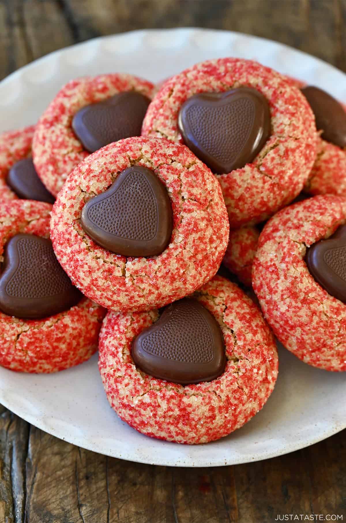 Valentine’s Day peanut butter cookies with chocolate hearts.