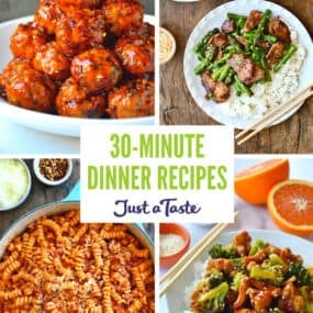 A collage of recipes, including orange chicken meatballs, black pepper pork, orange chicken and broccoli stir-fry, and pasta with hearty sausage marinara.