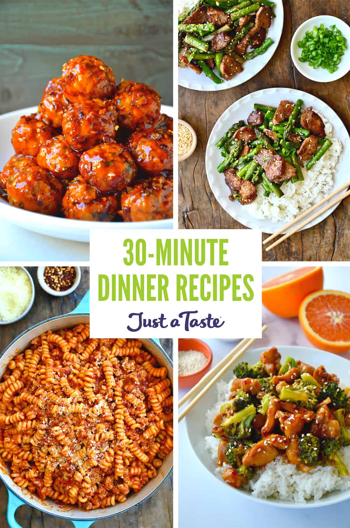 A collage of recipes, including orange chicken meatballs, black pepper pork, orange chicken and broccoli stir-fry, and pasta with hearty sausage marinara.