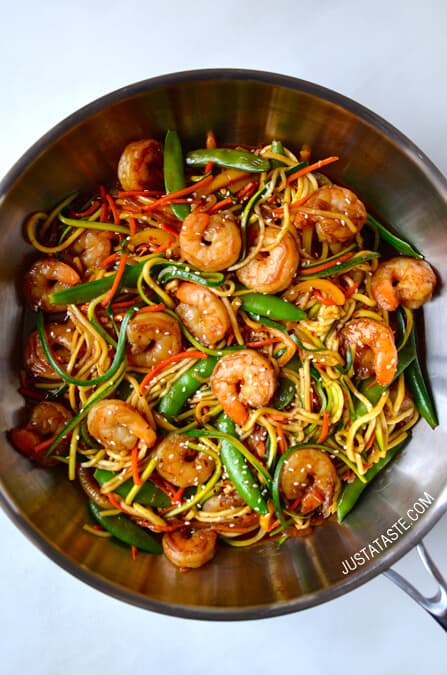 Asian Zucchini Noodle Stir-Fry with Shrimp recipe on justataste.com